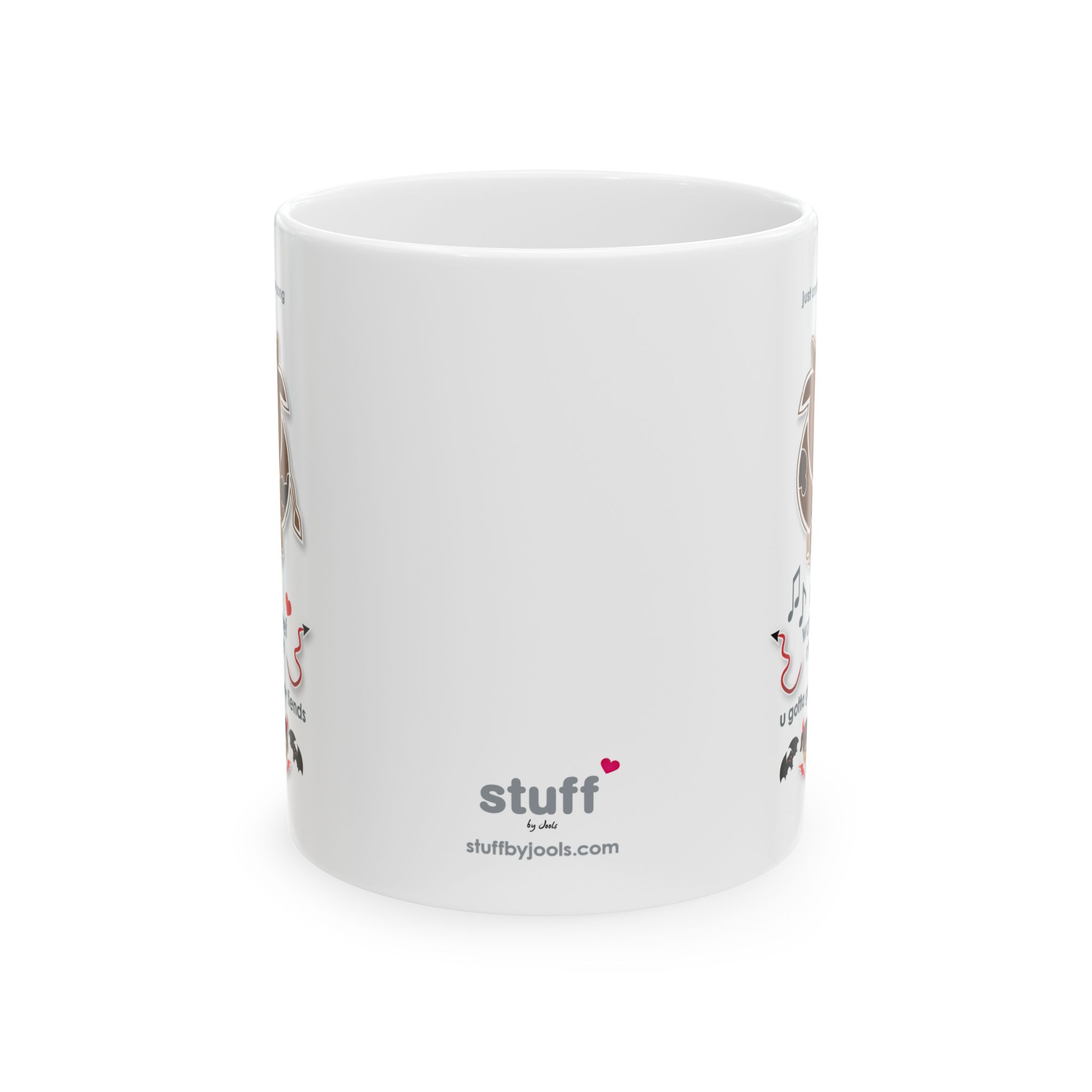 Beef My Lover Love Song Mug (11oz, 15oz) 3 11oz White ceramic Beef my Lover love song mug front view featuring a cartoon cow, an angel and a fiend, text reads "if you wanna beef my lover, u gotta get with my fiends"