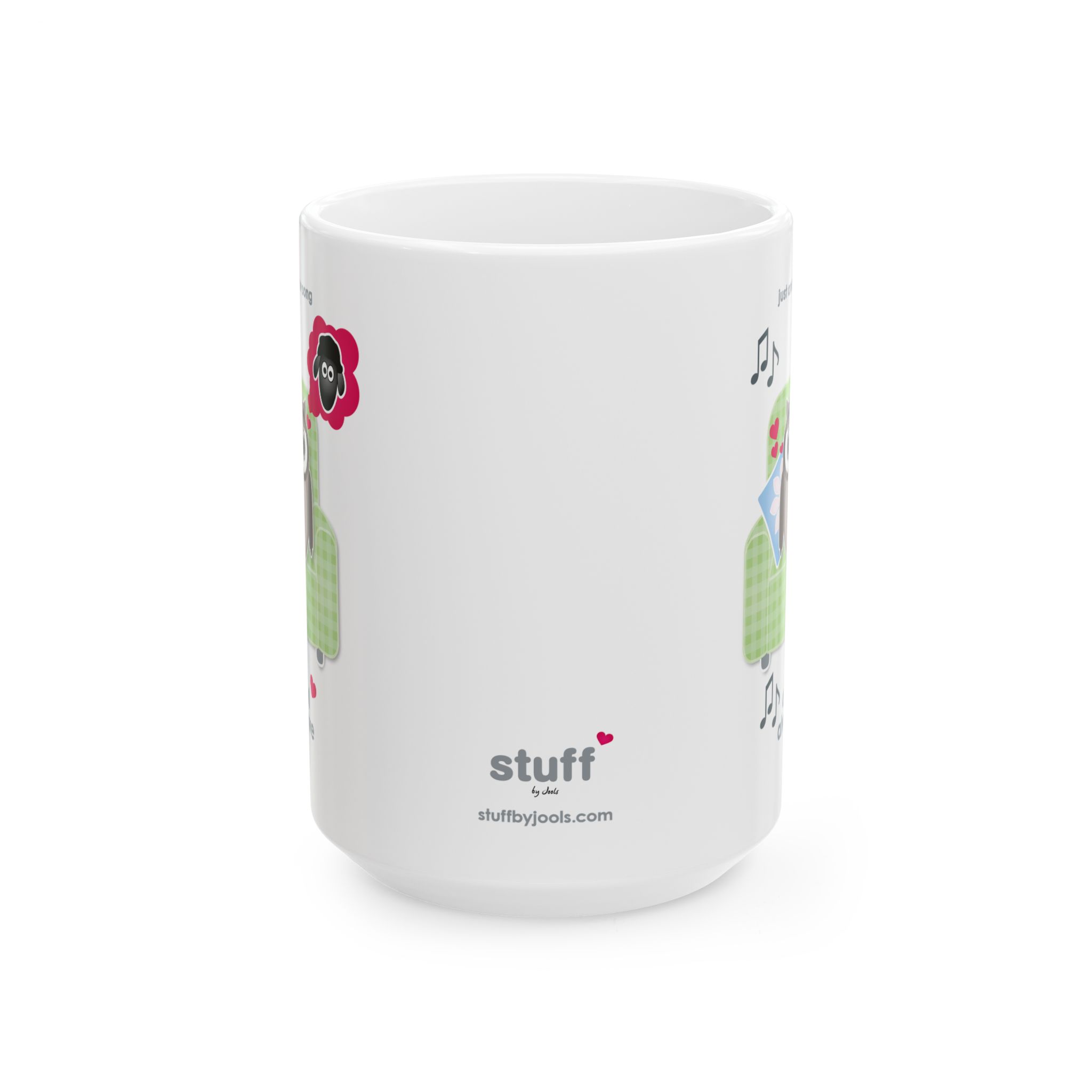 Owl Always Love Ewe Love Song Mug (11oz, 15oz) 3 White ceramic Owl Always Love Ewe Love Song Mug 15oz front view, printed with an owl sitting on a green chair, dreaming of a sheep. Text reads "Owl Always Love Ewe"