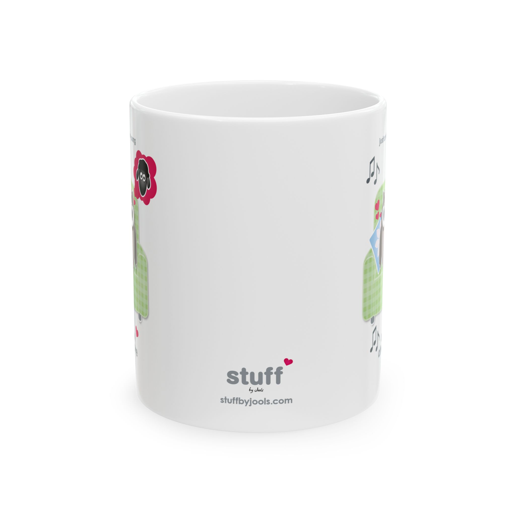 Owl Always Love Ewe Love Song Mug (11oz, 15oz) 12 White ceramic Owl Always Love Ewe Love Song Mug 11oz front view, printed with an owl sitting on a green chair, dreaming of a sheep. Text reads "Owl Always Love Ewe"