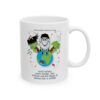 11oz White ceramic mug printed with a cartoon sheep and some crows on a globe, text reads "and when ewe smile the whole world stops & stares for a while"