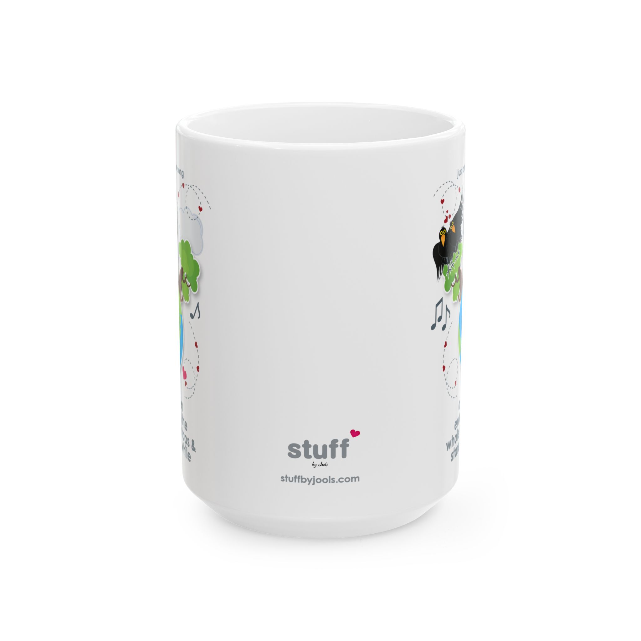 When Ewe Smile Love Song Mug (11oz, 15oz) 13 15oz White ceramic mug printed with a cartoon sheep and some crows on a globe, text reads "and when ewe smile the whole world stops & stares for a while"