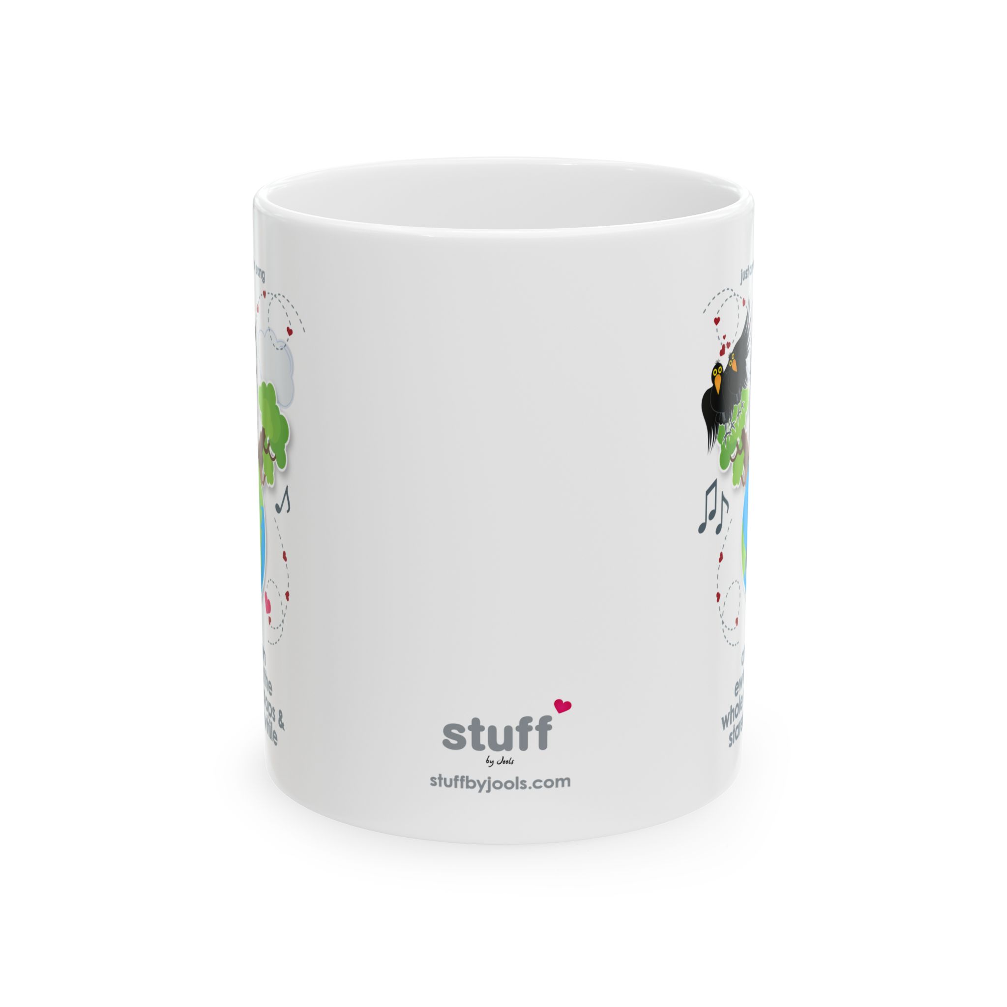 When Ewe Smile Love Song Mug (11oz, 15oz) 3 11oz White ceramic mug printed with a cartoon sheep and some crows on a globe, text reads "and when ewe smile the whole world stops & stares for a while"