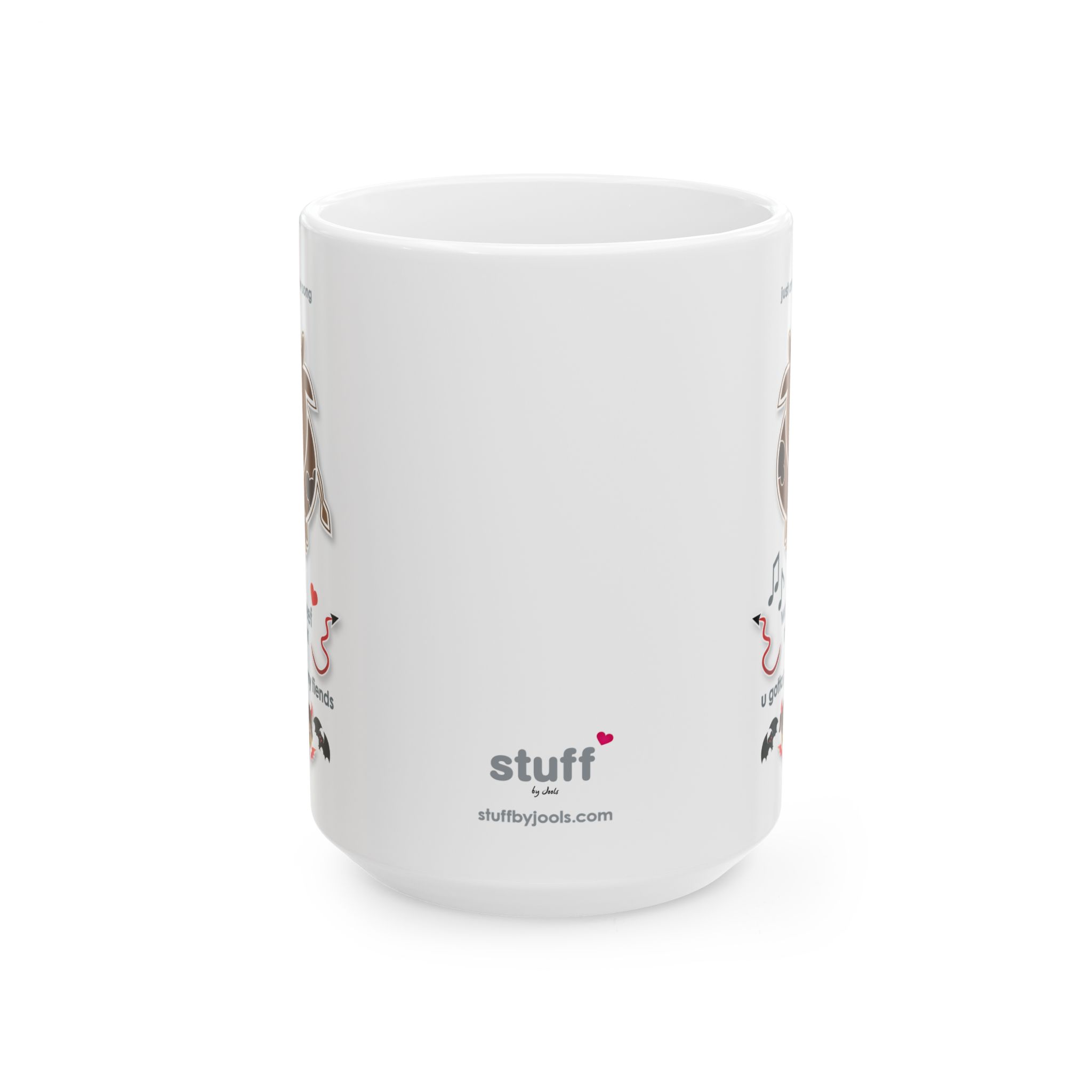 Beef My Lover Love Song Mug (11oz, 15oz) 13 15oz White ceramic Beef my Lover love song mug front view featuring a cartoon cow, an angel and a fiend, text reads "if you wanna beef my lover, u gotta get with my fiends"
