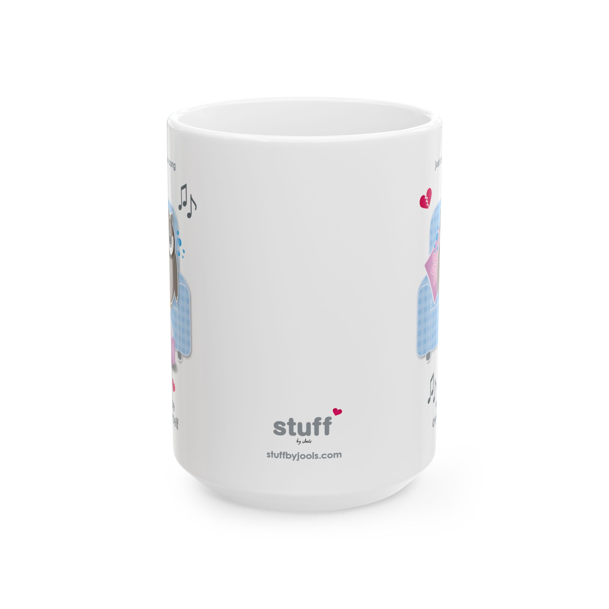 Owl By Myself Love Song Mug (11oz, 15oz) 13 15oz White ceramic Owl By Myself Mug front view featuring a cartoon owl, crying on a blue chair with a box of tissues, text reads "don't wanna be owl by myself"
