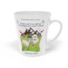 White ceramic 12oz I Goat Ewe Babe Love Song latte mug right view, featuring a cartoon sheep and a goat, text reads "there ain't no hill or mountain we can't climb. I goat you, babe"