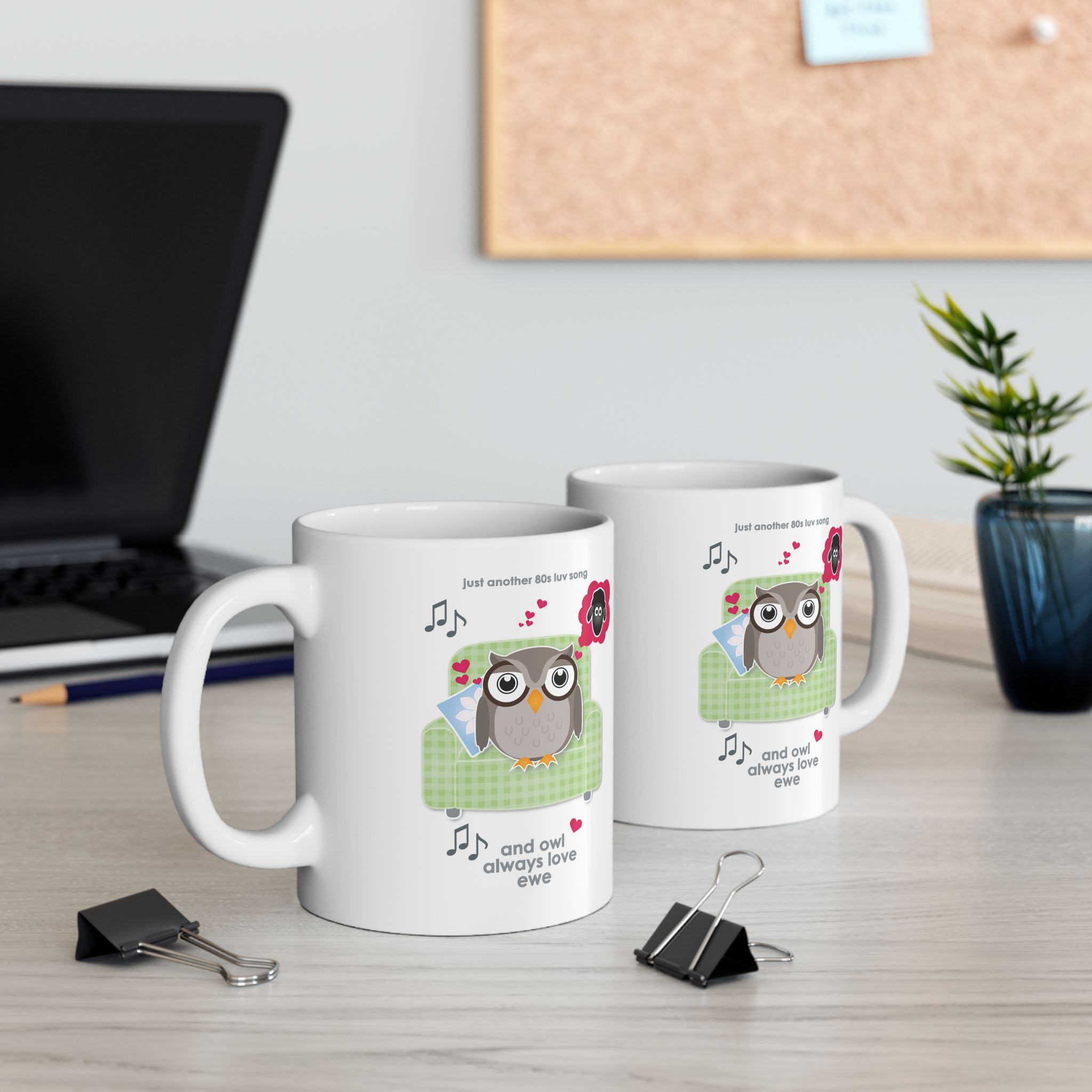 Owl Always Love Ewe Love Song Mug (11oz, 15oz) 10 2 White ceramic Owl Always Love Ewe Love Song Mugs, printed with an owl sitting on a green chair, dreaming of a sheep. Text reads "Owl Always Love Ewe", on a desk with a laptop and pot plant