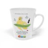 White ceramic 12oz Peas and Bananas latte mug right view, featuring a banana, some surprised peas in a pod and a toy train, with text that reads "if you like peas and bananas and drinking port on a train"