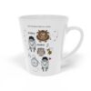Every Moo Ewe Make Love Song Latte Mug 15 White ceramic 12oz Every Moo Ewe Make latte mug right view, a love song mug featuring a cow, 2 sheep, a bee, an owl and a pocket watch, text and graphics imply "every moo ewe make, owl bee watching ewe"