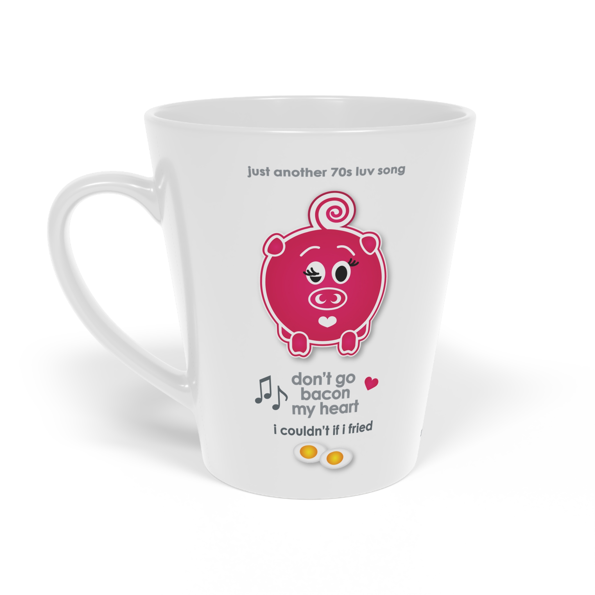 Bacon My Heart Love Song Latte Mug 2 12oz Don't go Bacon my Heart love song latte mug, White ceramic mug left view featuring a potted aloe, hearts and musical notes, text reads "aloe is it me you're looking for"