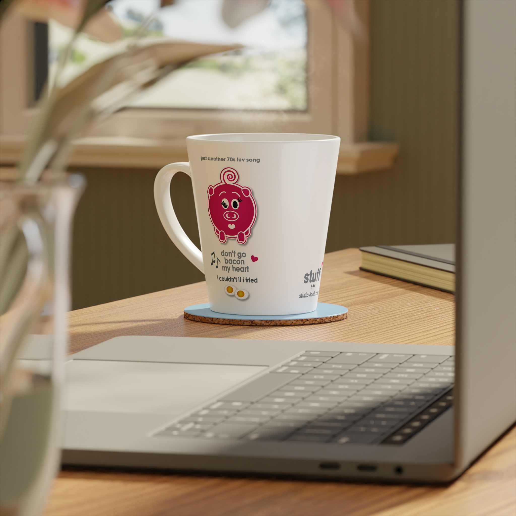 Bacon My Heart Love Song Latte Mug 4 12oz Don't go Bacon my Heart love song latte mug, White ceramic mug featuring a potted aloe, hearts and musical notes, text reads "aloe is it me you're looking for" on table with coaster and accessories