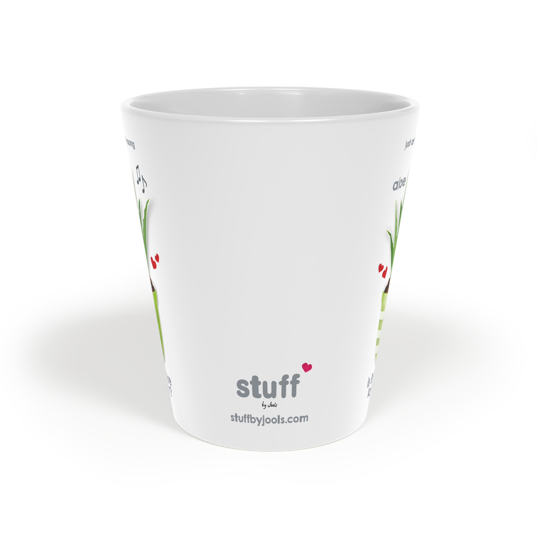 Aloe Is It Me? Love Song Latte Mug 3 12oz Aloe Is It Me? Love Song Latte Mug White ceramic mug front view featuring a potted aloe, hearts and musical notes, text reads "aloe is it me you're looking for"