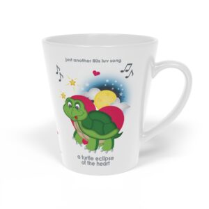 12oz White ceramic Turtle Eclipse Love Song Latte Mug right view featuring a cartoon turtle, partially blocking the moon, text reads "a turtle eclipse of the heart"