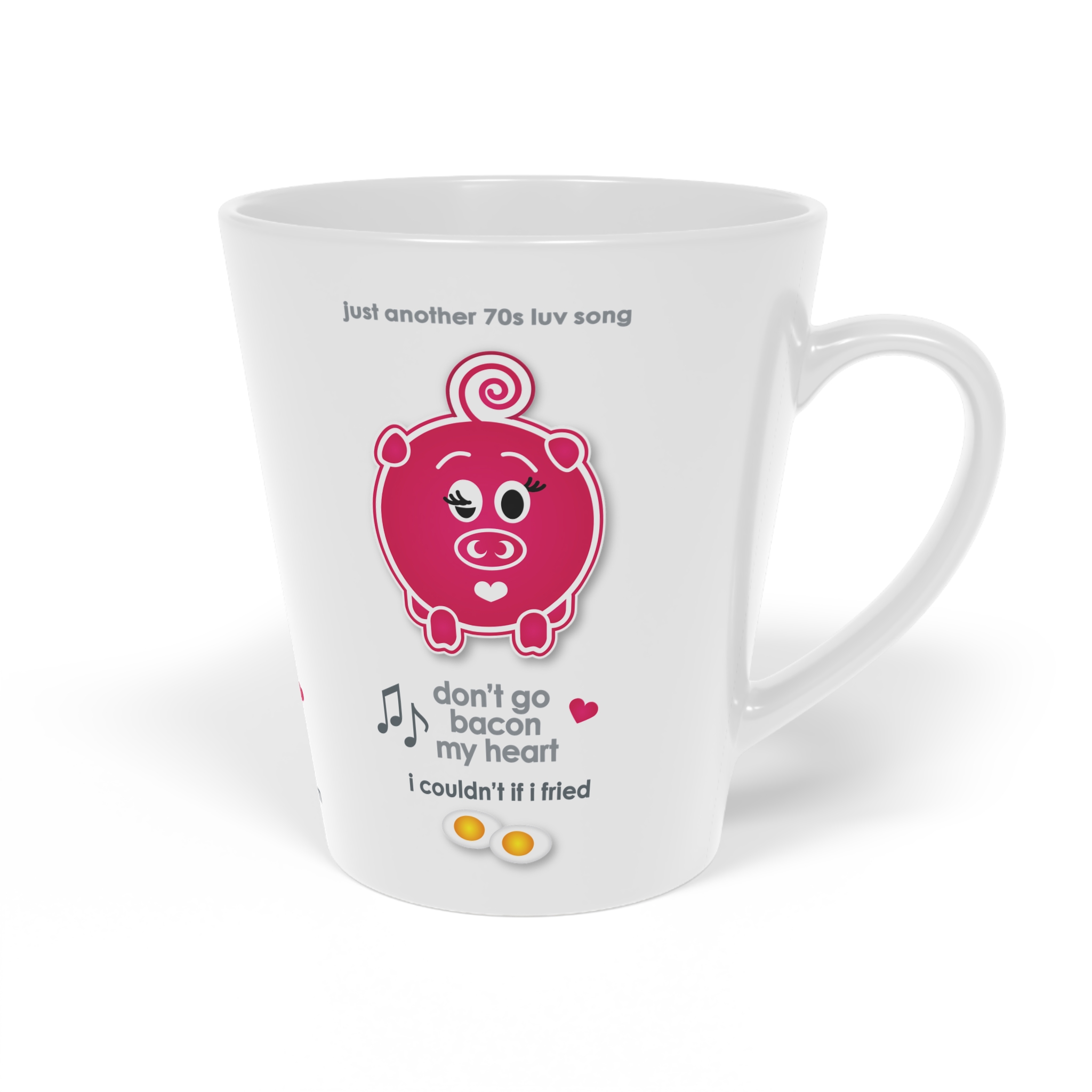 Bacon My Heart Love Song Latte Mug 1 12oz Don't go Bacon my Heart love song latte mug, White ceramic mug right view featuring a potted aloe, hearts and musical notes, text reads "aloe is it me you're looking for"