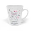 White ceramic 12oz Somebunny to Love latte mug right view, a love song mug featuring a boy bunny with a moustache and a girl bunny, text reads "can anybunny find me somebunny to love"