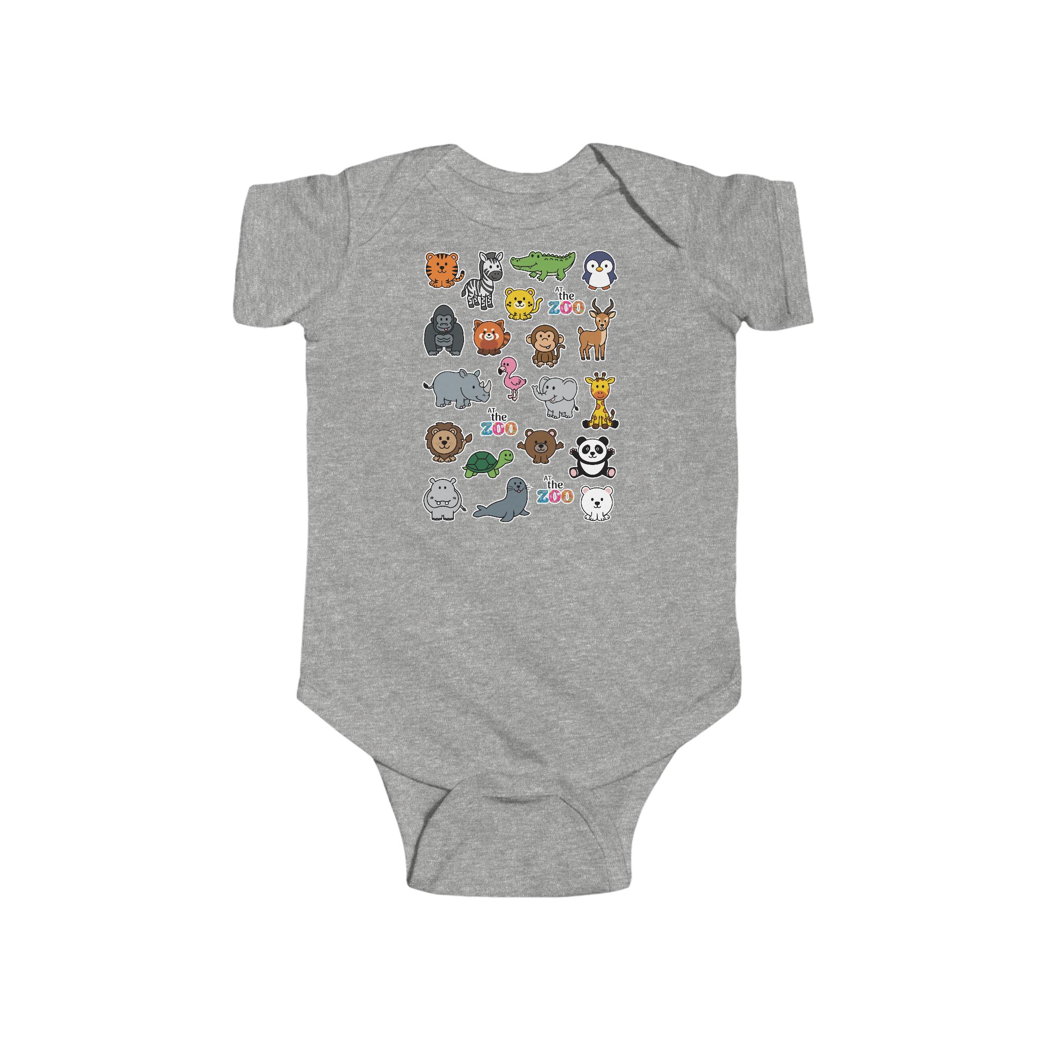 At the Zoo Babes Fine Jersey Bodysuit 4 At the Zoo Babes Fine Jersey Bodysuit heather, front view, featuring a variety of zoo animals and text that says "At the Zoo"