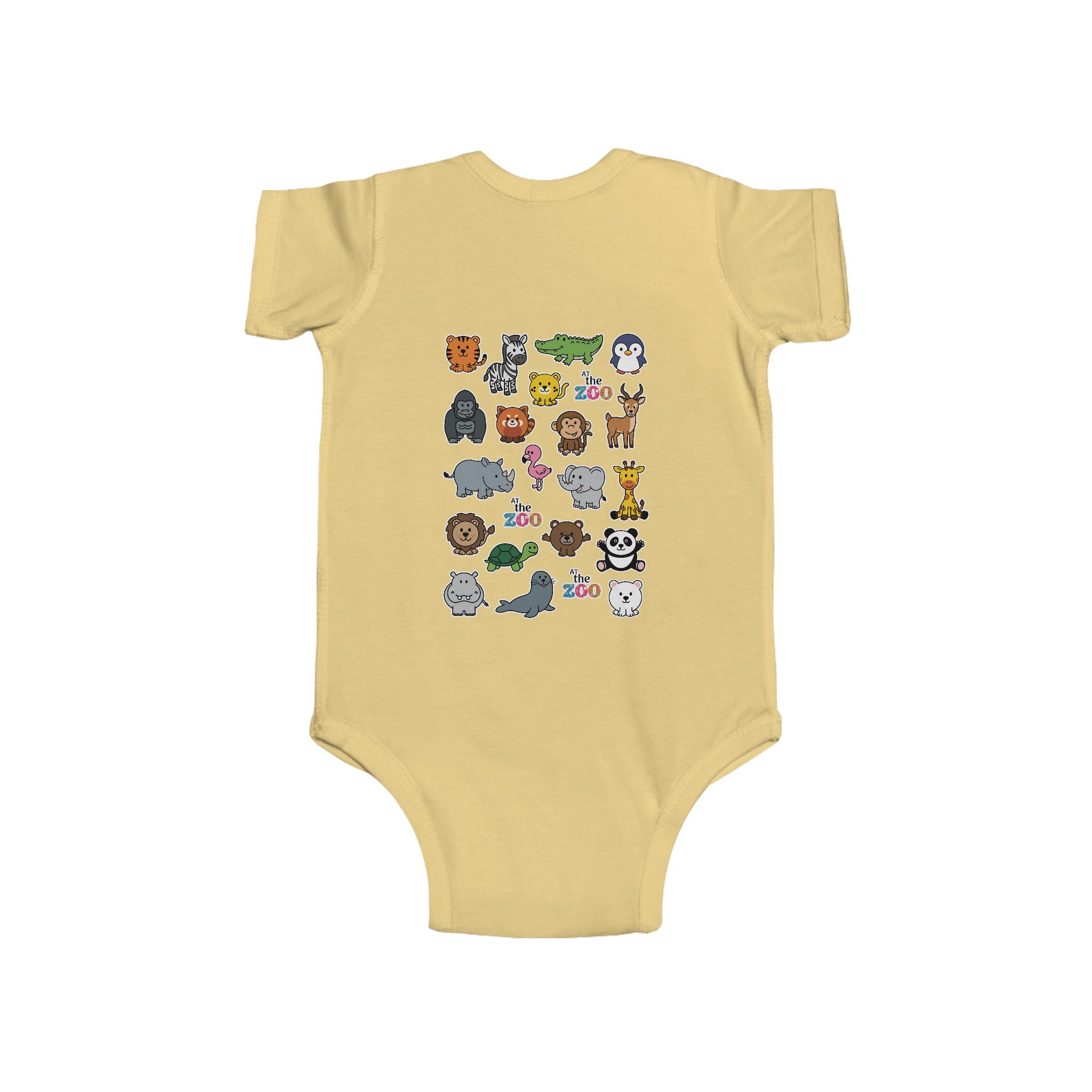At the Zoo Babes Fine Jersey Bodysuit 8 At the Zoo Babes Fine Jersey Bodysuit butter, back view, featuring a variety of zoo animals and text that says "At the Zoo"