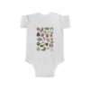 At the Zoo Babes Fine Jersey Bodysuit 19 At the Zoo Babes Fine Jersey Bodysuit white, front view, featuring a variety of zoo animals and text that says "At the Zoo"