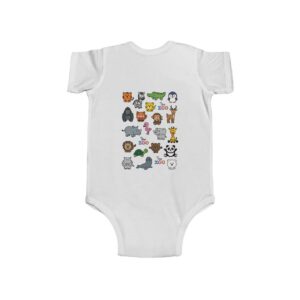 At the Zoo Babes Fine Jersey Bodysuit white, front view, featuring a variety of zoo animals and text that says "At the Zoo"