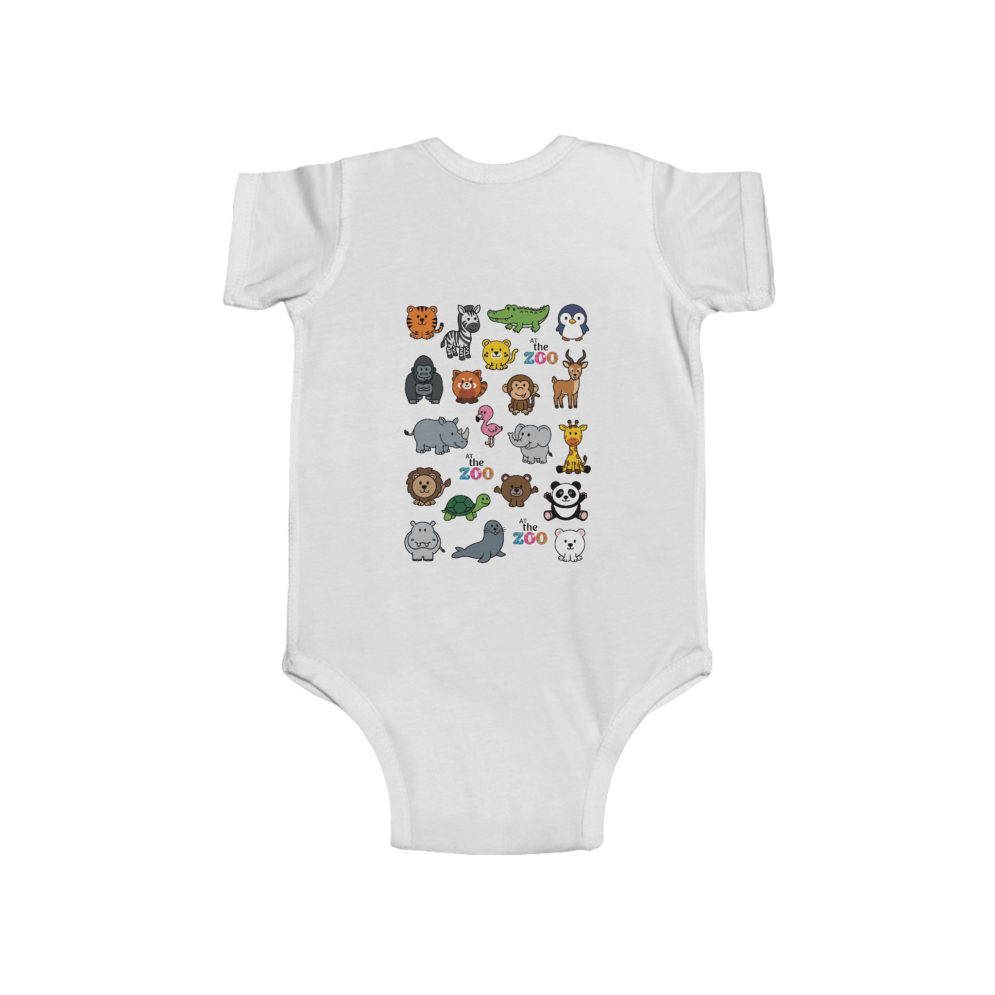 At the Zoo Babes Fine Jersey Bodysuit 1 At the Zoo Babes Fine Jersey Bodysuit white, front view, featuring a variety of zoo animals and text that says "At the Zoo"