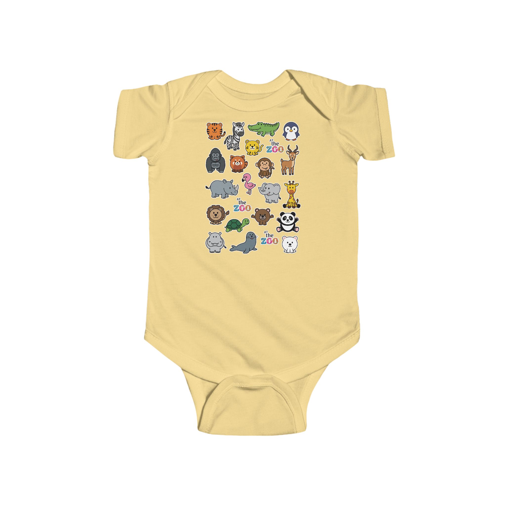 At the Zoo Babes Fine Jersey Bodysuit 7 At the Zoo Babes Fine Jersey Bodysuit butter, front view, featuring a variety of zoo animals and text that says "At the Zoo"